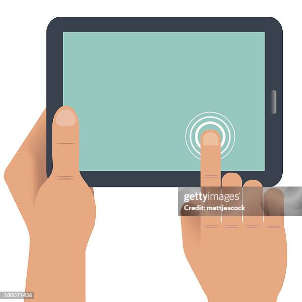 hand holding digital tablet - press button stock illustrations