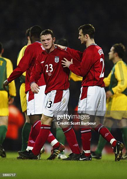 Wayne Rooney and Francis Jeffers of England leaving the field after the International Friendly match between England and Australia held on February...