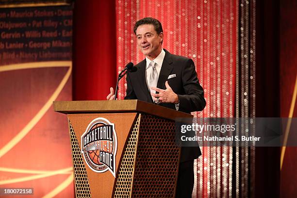 Inductee Rick Pitino speaks during the 2013 Basketball Hall of Fame Enshrinement Ceremony on September 8, 2013 at the Mass Mutual Center in...