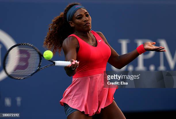 Serena Williams of the United States of America plays a forehand during her women's singles final match against Victoria Azarenka of Belarus on Day...