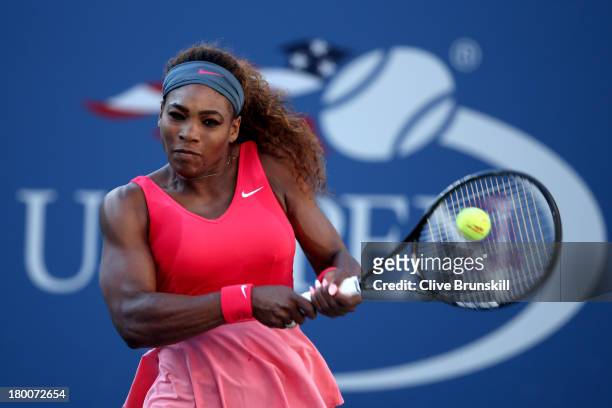 Serena Williams of the United States of America plays a backhand during her women's singles final match against Victoria Azarenka of Belarus on Day...