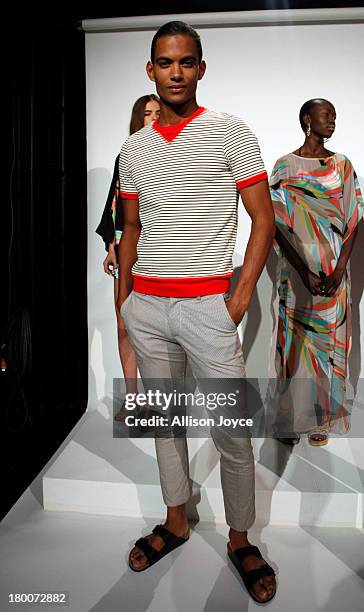 Model poses at the Trina Turk presentation during Mercedes-Benz Fashion Week Spring 2014 at The Box at Lincoln Center on September 8, 2013 in New...