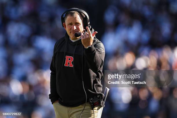 Head coach Greg Schiano of the Rutgers Scarlet Knights reacts against the Penn State Nittany Lions during the first half at Beaver Stadium on...