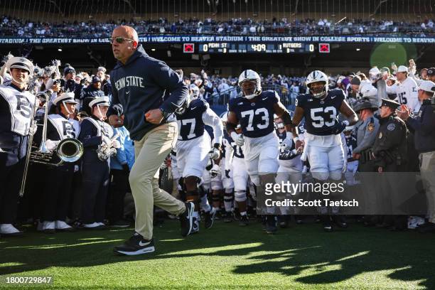 Head coach James Franklin of the Penn State Nittany Lions leads the team onto the field before the game against the Rutgers Scarlet Knights at Beaver...