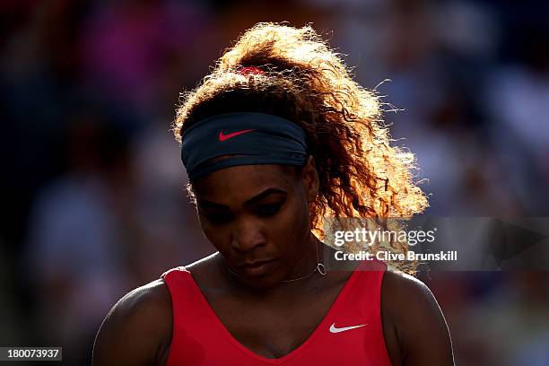 Serena Williams of the United States of America reacts during her women's singles final match against Victoria Azarenka of Belarus on Day Fourteen of...