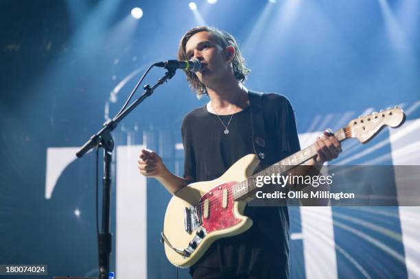 Matthew Healy of The 1975 performs on the 8th night of the iTunes Festival 2013 onstage at The Roundhouse on the night their debuet album charted at...