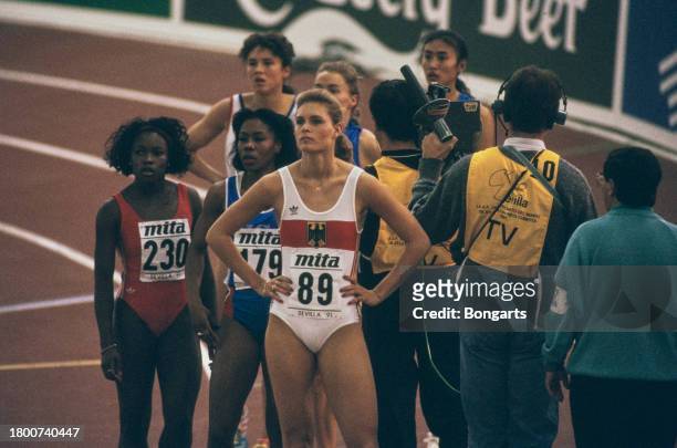 German athlete Katrin Krabbe at the 1991 IAAF World Indoor Championships, held at the Palacio Municipal de Deportes San Pablo in Seville, Spain,...