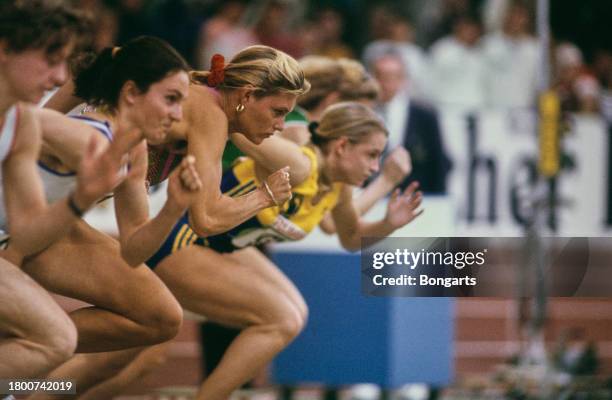 German athlete Katrin Krabbe among other competitors at the 1992 German Indoor Athletics Championships, held at the Europahalle in Karlsruhe,...