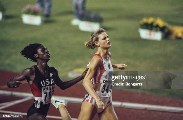 American athlete Gwen Torrence and German athlete Katrin Krabbe competing in the women's 100-metre event at the 1991 IAAF World Championships, held...