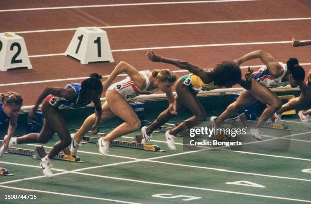 German athlete Katrin Krabbe leaving the blocks at the start of a women's 60-metre event at the 1991 IAAF World Indoor Championships, held at the...