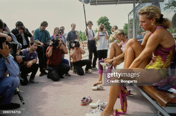 German athlete Katrin Krabbe ahead of a press conference at her training base in Neubrandenburg, Mecklenburg-Vorpommern, Germany, 13th June 1992....