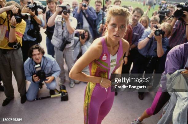 German athlete Katrin Krabbe ahead of a press conference at her training base in Neubrandenburg, Mecklenburg-Vorpommern, Germany, 13th June 1992....