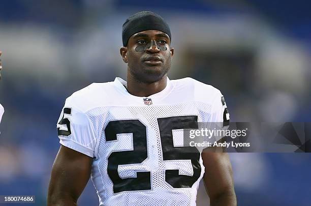 Hayden of the Oakland Raiders warms up before the NFL game against the Indianapolis Colts at Lucas Oil Stadium on September 8, 2013 in Indianapolis,...