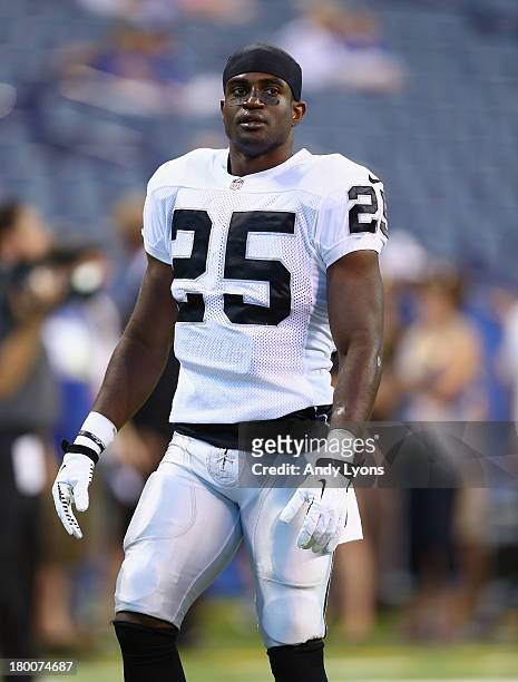 Hayden of the Oakland Raiders warms up before the NFL game against the Indianapolis Colts at Lucas Oil Stadium on September 8, 2013 in Indianapolis,...