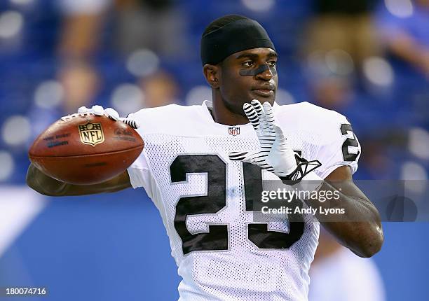 Hayden of the Oakland Raiders warms up before the NFL game against the Indianapolis Colts at Lucas Oil Stadium on September 8, 2013 in Indianapolis,...