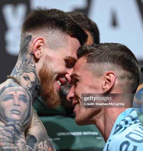 Dublin , Ireland - 24 November 2023; Gary Cully, left, and Reece Mould during weigh-ins held at The Helix on DCU Campus in Dublin, in preparation for...