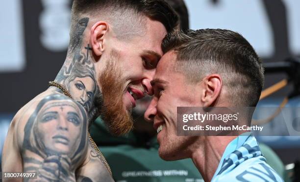 Dublin , Ireland - 24 November 2023; Gary Cully, left, and Reece Mould during weigh-ins held at The Helix on DCU Campus in Dublin, in preparation for...