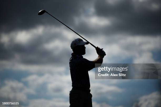 Tyler Duncan of the United States hits a tee shot on the 14th hole during the third round of The RSM Classic on the Seaside Course at Sea Island...