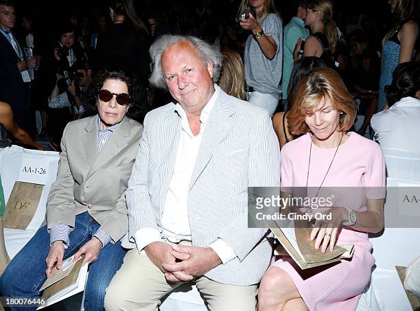 Author Fran Lebowitz, Vanity Fair Editor in Chief Graydon Carter and Anna Scott attend the Diane Von Furstenberg fashion show during Mercedes-Benz...