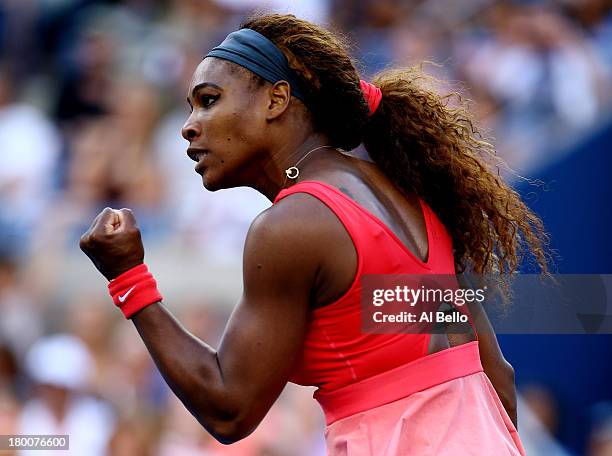 Serena Williams of the United States of America celebrates a point during her women's singles final match against Victoria Azarenka of Belarus on Day...