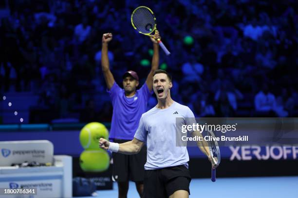 Joe Salisbury of Great Britain, celebrates Match Point with partner Rajeev Ram of United States, against Edouard Roger-Vasselin of France and...