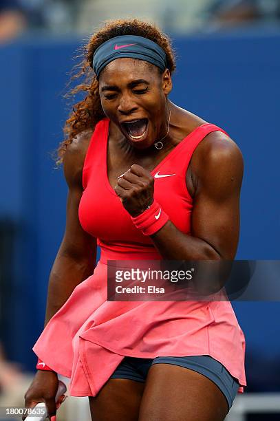Serena Williams of the United States of America celebrates a point during her women's singles final match against Victoria Azarenka of Belarus on Day...