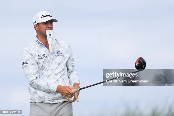 Taylor Montgomery of the United States lines up a shot from the 15th tee during the third round of The RSM Classic on the Seaside Course at Sea...