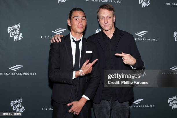 Evan Mock and Tony Hawk attend The Skatepark Project Gala at Chateau Marmont on November 17, 2023 in Los Angeles, California.