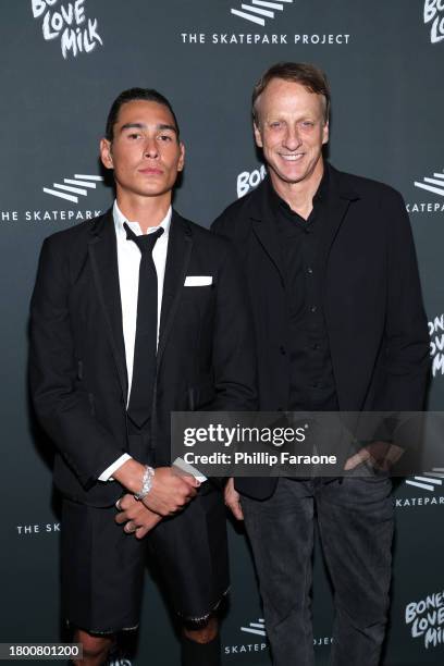 Evan Mock and Tony Hawk attend The Skatepark Project Gala at Chateau Marmont on November 17, 2023 in Los Angeles, California.