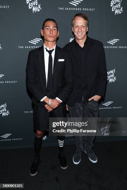 Evan Mock and Tony Hawk attend The Skatepark Project Gala at Chateau Marmont on November 17, 2023 in Los Angeles, California.