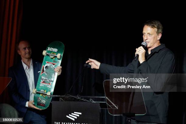 Tony Hawk speaks onstage during The Skatepark Project Gala at Chateau Marmont on November 17, 2023 in Los Angeles, California.