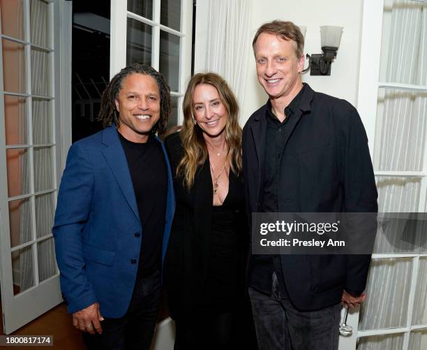 Cobi Jones, Brandee Barker and Tony Hawk attend The Skatepark Project Gala at Chateau Marmont on November 17, 2023 in Los Angeles, California.