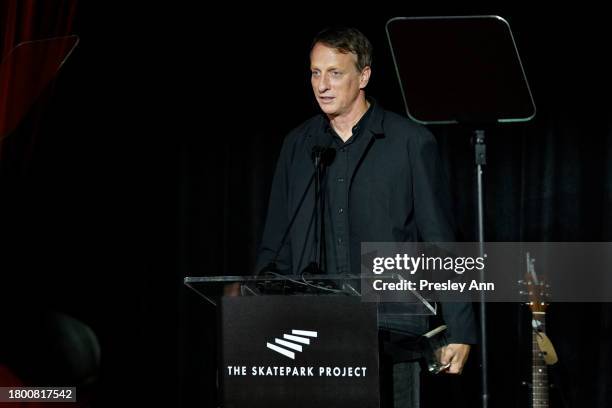 Tony Hawk speaks onstage during The Skatepark Project Gala at Chateau Marmont on November 17, 2023 in Los Angeles, California.