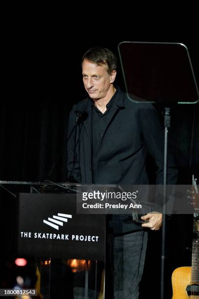 Tony Hawk speaks onstage during The Skatepark Project Gala at Chateau Marmont on November 17, 2023 in Los Angeles, California.