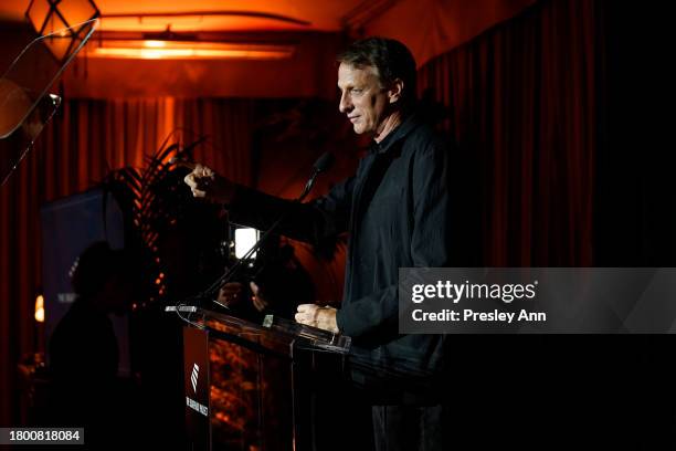 Tony Hawk speaks onstage during The Skatepark Project Gala at Chateau Marmont on November 17, 2023 in Los Angeles, California.