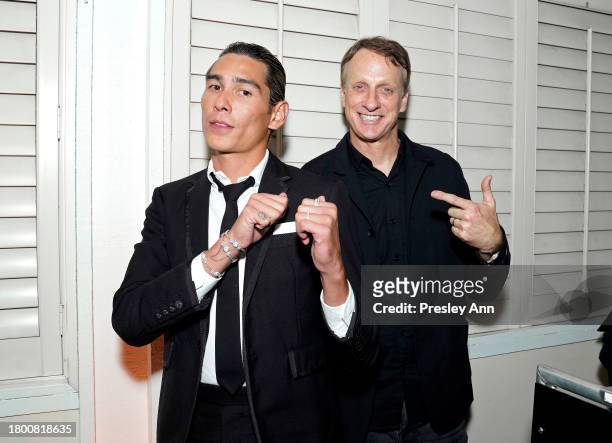 Evan Mock and Tony Hawk attend The Skatepark Project Gala at Chateau Marmont on November 17, 2023 in Los Angeles, California.