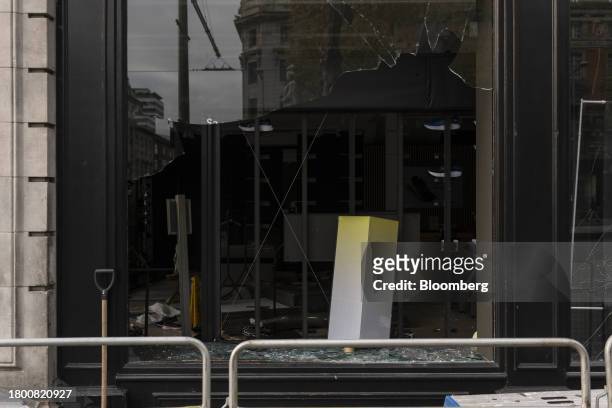 Damaged window of a sportswear shop, following a night of riots, in Dublin, Ireland, on Friday, Nov. 24, 2023. Irish Prime Minister Leo Varadkar said...