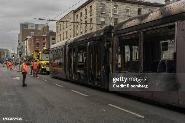 Damaged tram on O'Connell Street, following a night of riots, in Dublin, Ireland, on Friday, Nov. 24, 2023. Irish Prime Minister Leo Varadkar said...