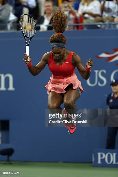 Serena Williams of the United States of America celebrates winning her women's singles final match against Victoria Azarenka of Belarus on Day...