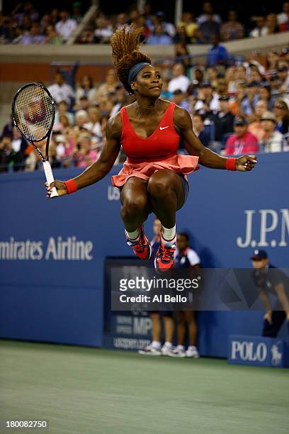 Serena Williams of the United States of America celebrates winning her women's singles final match against Victoria Azarenka of Belarus on Day...