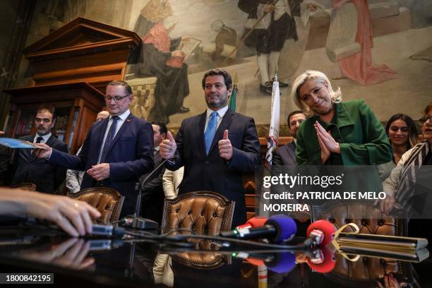 Member of French far-right party Rassemblement National, RN Marine Le Pen , leader of Portuguese far-right party Chega Andre Ventura and co-leader of...