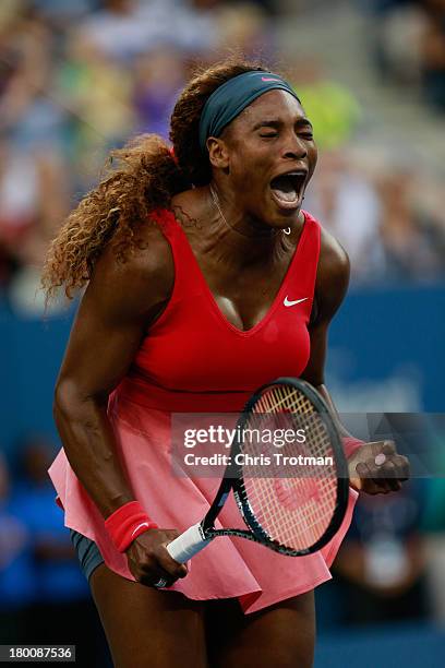 Serena Williams of the United States reacts to a point during her women's singles final match against Victoria Azarenka of Belarus on Day Fourteen of...