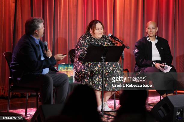 Bradley Collins and Chrissy Metz speak with Rita George at Family Time with Chrissy Metz at The GRAMMY Museum on November 18, 2023 in Los Angeles,...