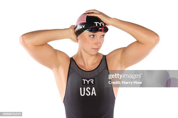 Swimmer Katie Ledecky poses during the Team USA Paris 2024 Olympic Portrait Shoot at NBC Universal Studios Stage 16 on November 18, 2023 in Los...