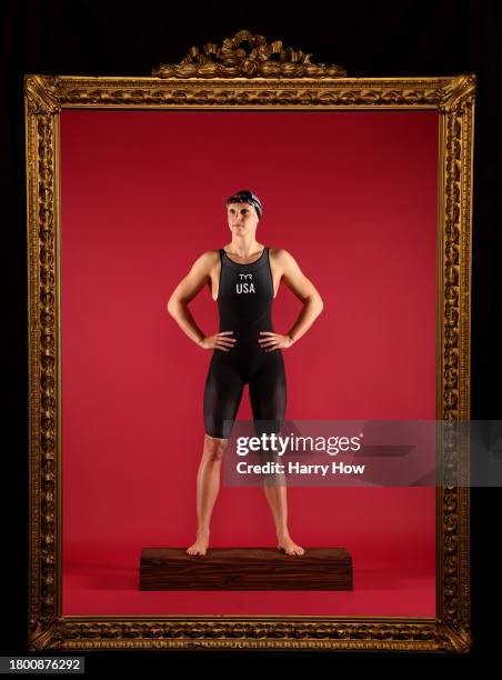 Swimmer Katie Ledecky poses during the Team USA Paris 2024 Olympic Portrait Shoot at NBC Universal Studios Stage 16 on November 18, 2023 in Los...