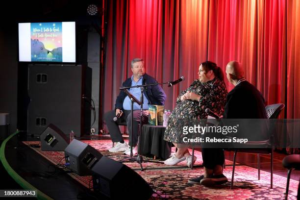 Bradley Collins and Chrissy Metz speak with Rita George at Family Time with Chrissy Metz at The GRAMMY Museum on November 18, 2023 in Los Angeles,...