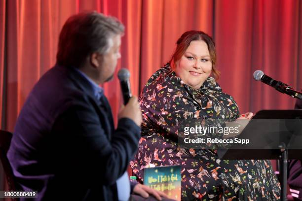 Bradley Collins and Chrissy Metz speak onstage at Family Time with Chrissy Metz at The GRAMMY Museum on November 18, 2023 in Los Angeles, California.