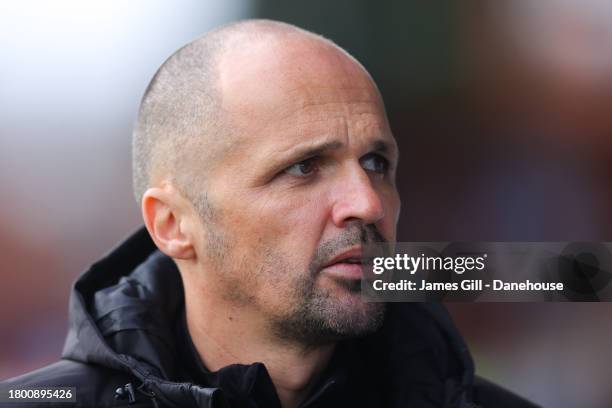 Matthew Etherington, manager of Colchester United, during the Sky Bet League Two match between Stockport County and Colchester United at Edgeley Park...