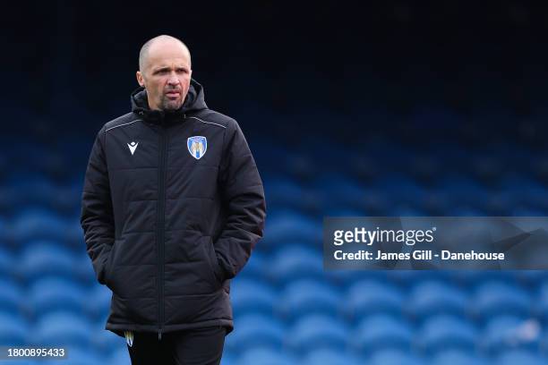 Matthew Etherington, manager of Colchester United, during the Sky Bet League Two match between Stockport County and Colchester United at Edgeley Park...