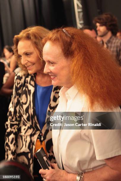 Designer Diane von Furstenberg and Grace Coddington pose backstage with BIOSILK at DVF Mercedes-Benz Fashion Week Spring 2014 at The Theatre at...
